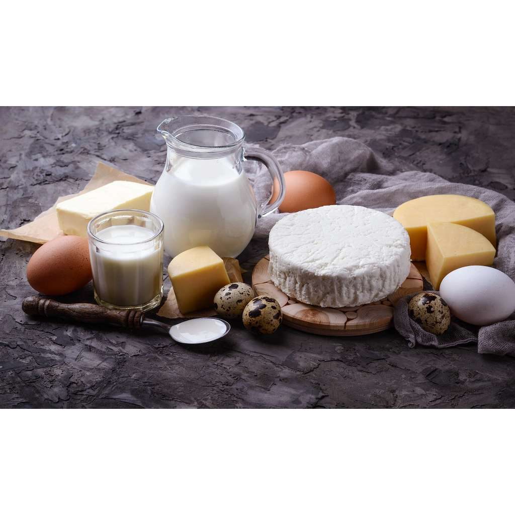 Dairy products. Milk, cottage cheese, sour cream, butter, eggs. Selective focus